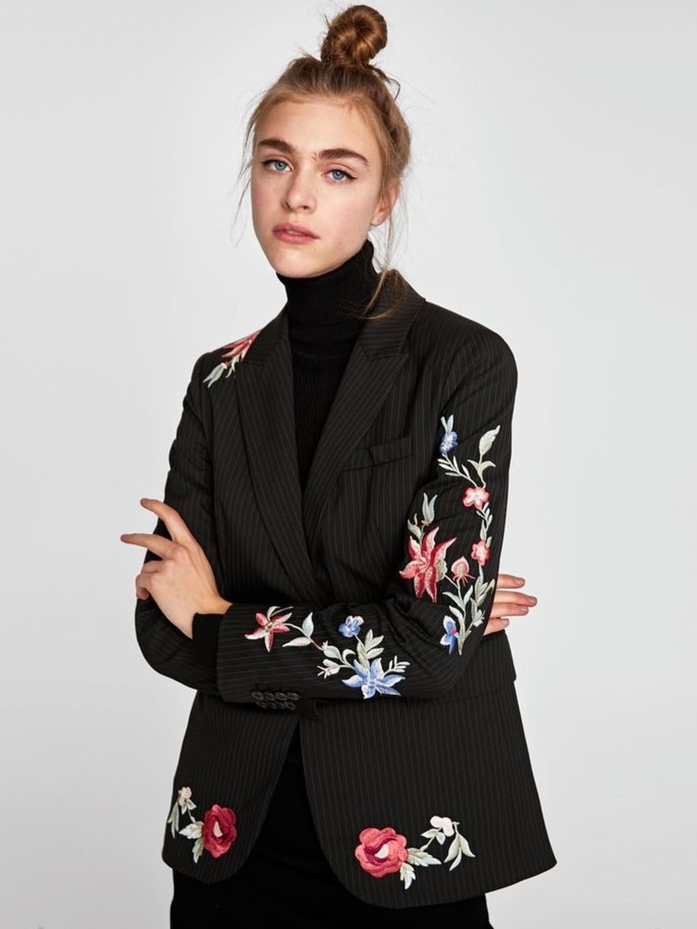 Zara / Pinstripe Floral Black Blazer
